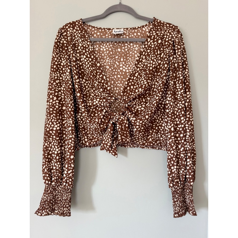 Arula Brown White Fawn Printed Tie Front Crop Top Smocked Long Sleeve V-Neck XXL